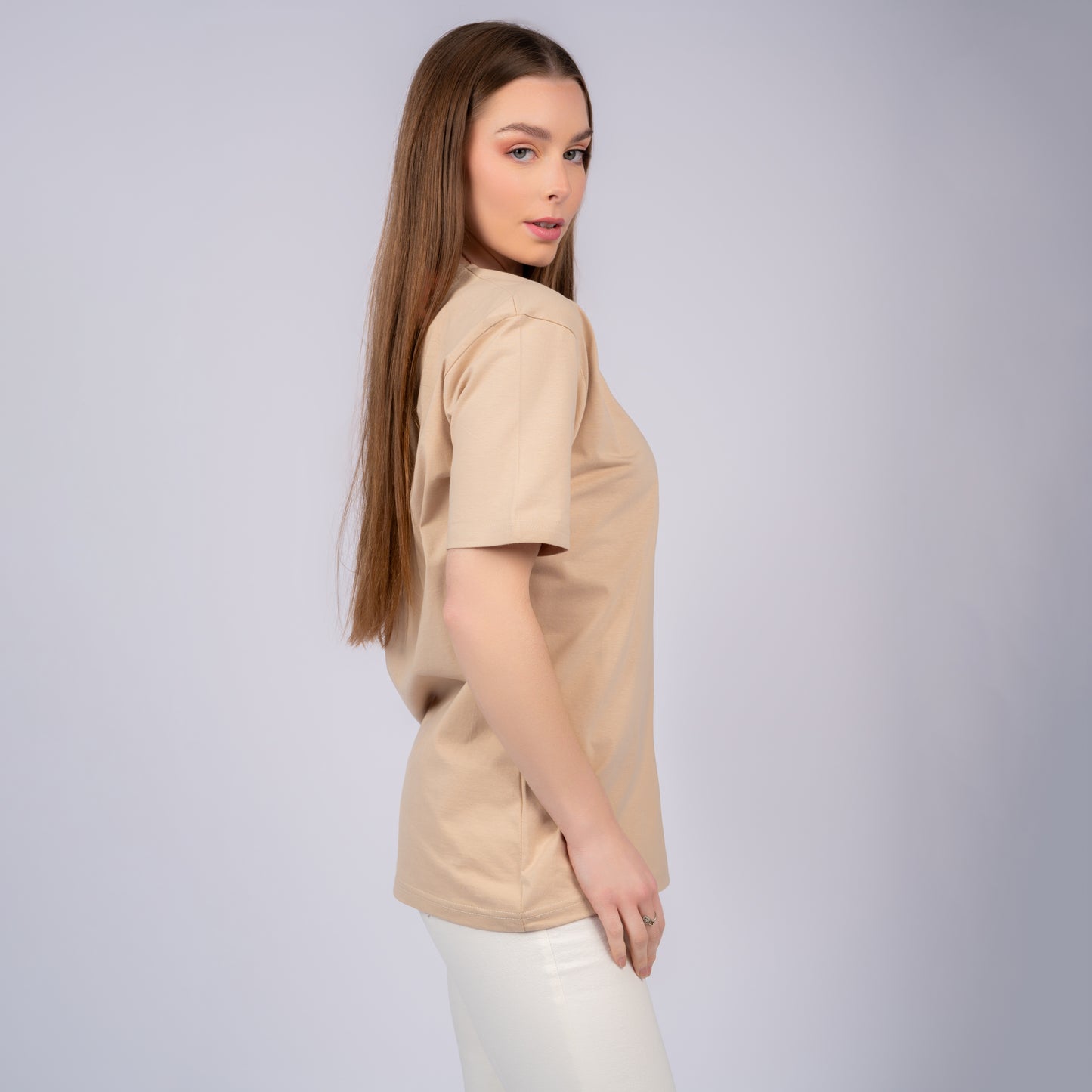 Beige Women Short Sleeve T-Shirt